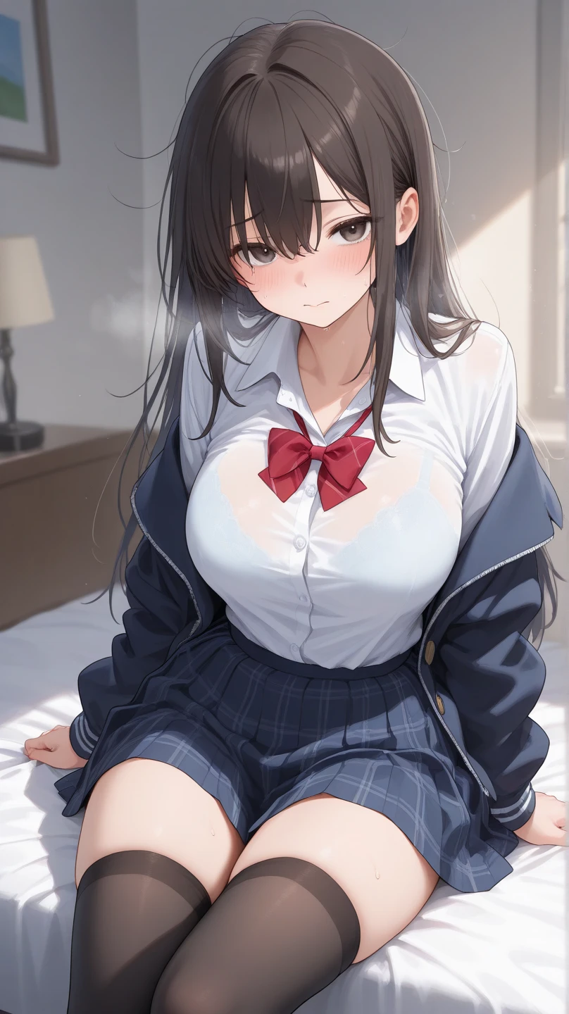 One Girl、Positive、From above、Full body portrait、Brown haired、Medium Haircut、blush、Absolute area、Knee socks、Knee-length、stockings、pantyhose、レースpantyhose、White underwear、No shoes、Cleavage、Light blue cut shirt、Navy blue checkered pleated skirt、、Japanese high school students、Summer clothes、Inside the house、Daytime、(Very big boobs)、((Full Body Lesbian))、masterpiece、(highest quality)、
Panties around the ankles、loafers