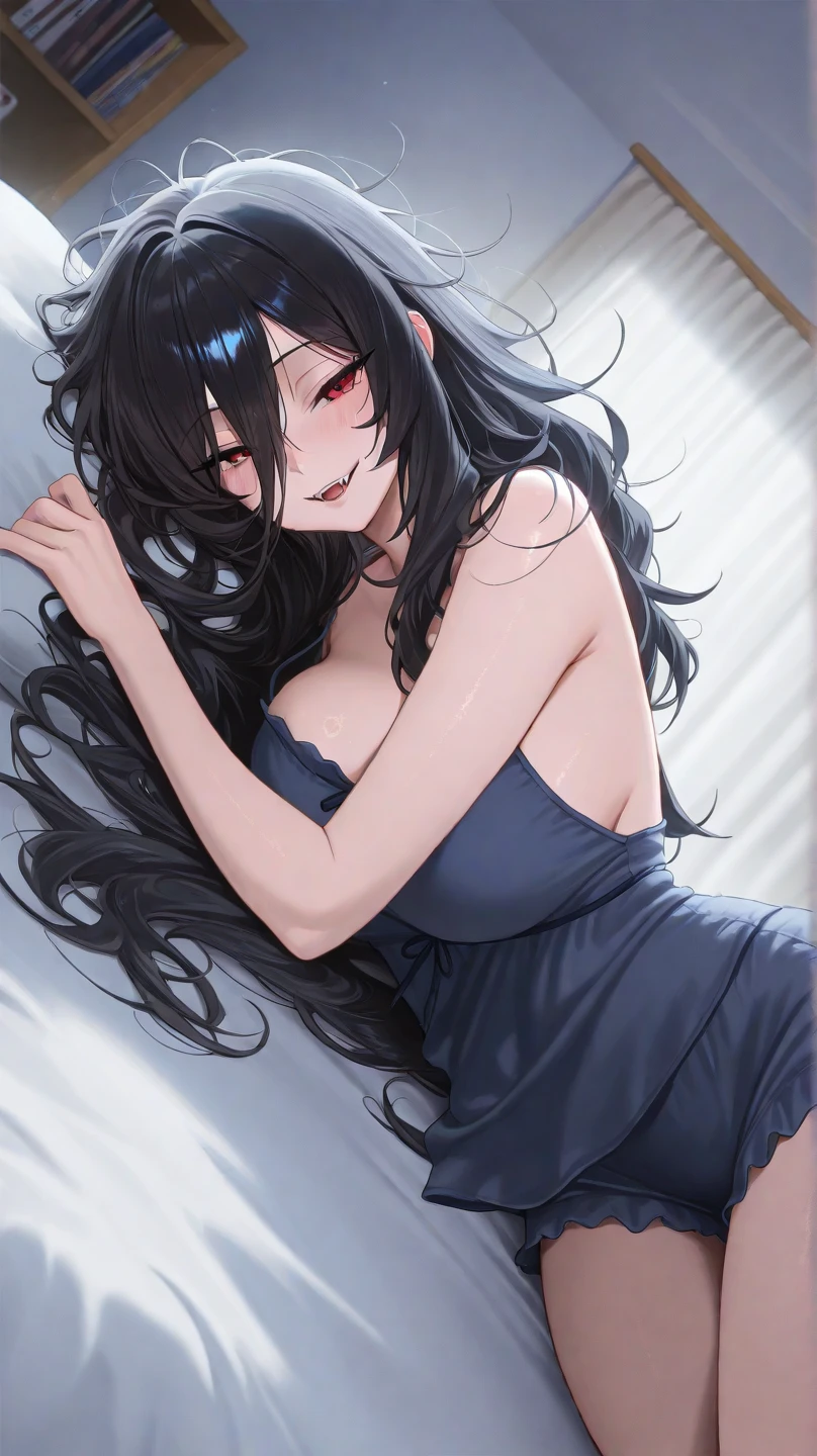 ((Highest quality, 8k, masterpiece: 1.3)), whole body,1 personの,1 person,,Glamorous Body,cute,A mischievous smile,Close both eyes,Black Hair,long hair,Wear a camisole,wear pink panties,Scanty,Hip hanger,Lying down on a three-seater sofa,Head orientation is back,night,Dark room