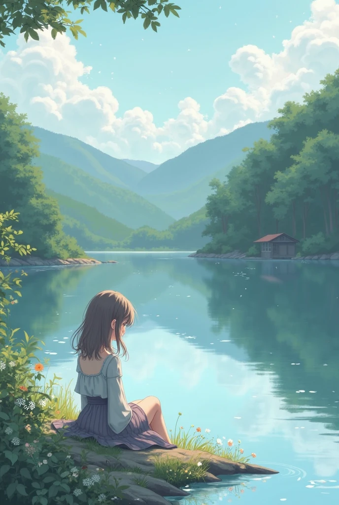 little girl by the lake, Squirrels playing under the tree, wildflowers, Toyama, Blue sky.