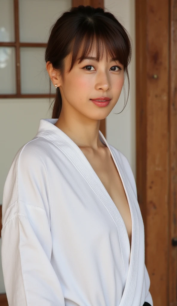 Female supermodel French. Blue Haori, White Kimono. Bamboo. Study room. Close-up.