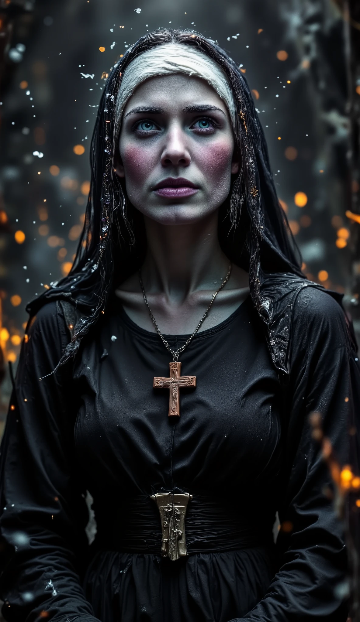 Epic realistic portrait, Black and white photography, 25 years old scantily clad sexy crying nun looking up on right side into heaven with jesus on the wooden cross necklace on the chest, warmth of breath exhalation from nose and little open mouth, goose pimples, in open cathedral, one leg visibly from the suit, more sweaty in face and body nun wearing in the typical habitus, in the winter some snow volumetric lights more fire torch and candles some with raising dark smoke, full body, Hasselblad X2D 100C, looking into the lens, in the night and dark corridor, focus f=1.2, more bokeh, distance=25 ft, epic backlight, light from above to down and face. 8k nordic woman... --ar 9:16