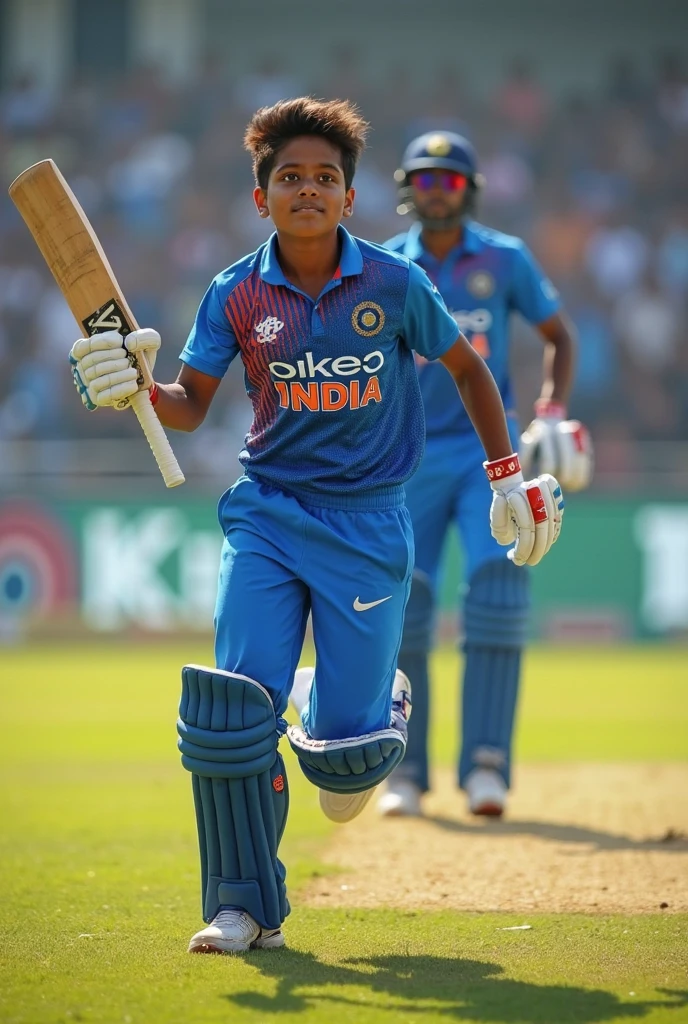 arafed ??? in blue uniform holding a bat and wearing a helmet, future indian cricket player in indian blue cricket jercey, little ???, cute boy, jayison devadas, ???, next gen, trending ,, fanart, innocent look, future activist, inspired by Ke Jiusi, indian, jayison devadas style, marvelous expression, indian super model, india, intense expression, hybrid