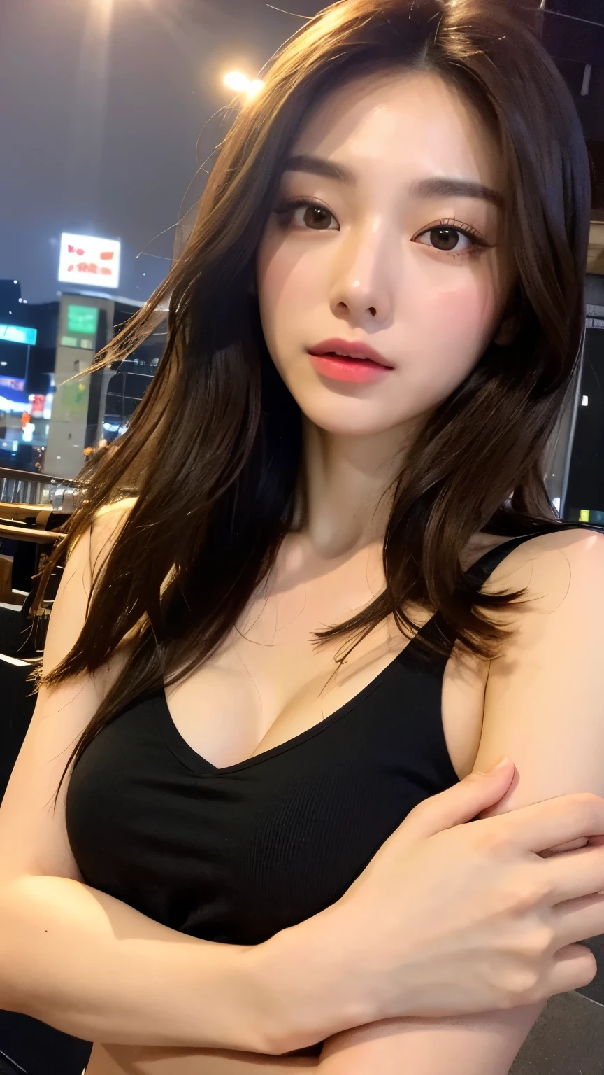 individual,young girl,23 years old, ((evening dress)),fine hair, Detailed faces, full的身材,full, Short hair details, sit down,Look up, There is a beauty mole, bench,Taikoo Li