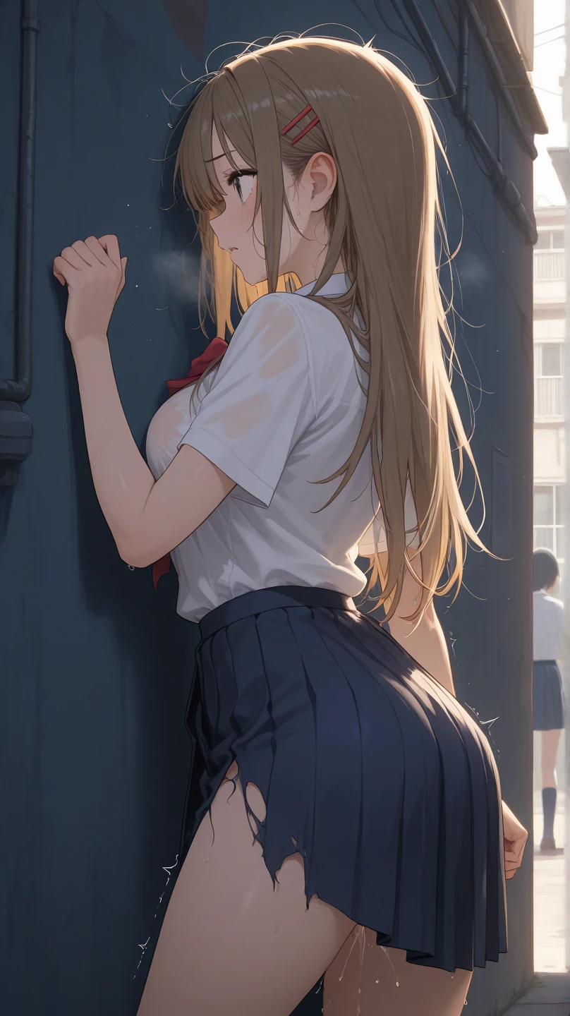 masterpiece, best quality, High Definition Beautiful woman, beautiful face woman bending over in the street showing her butt, skirt, with a beautiful smile, beautiful face, long hair, no thong, no underwear, no panties, beautiful pussy, street, blonde hair