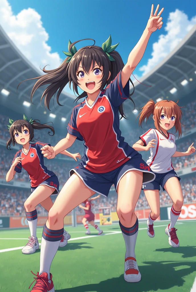 a group of school girls playing soccer in their uniforms, soccer field, sunny, blue sky, cute, kawaii, beautiful, sweat, smile, detailed eyes, detailed face, (best quality, masterpiece), extremely detailed, trending in Pixiv,