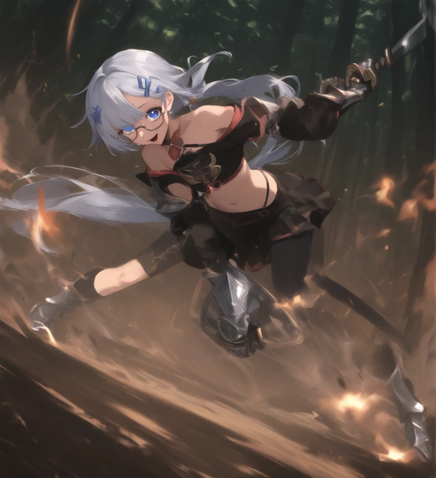 Jinx's character design, Holding a grenade launcher in the shape of a shark, Fires a rocket, Screams, Explosions in the background, half naked, beautiful breasts, Sexy, Arcane's Jinx, sexypose, waves his hand, Pink glowing eyes, hairlong, hairsh, braided into long braids, Pigtails hang below the knee, Hair color changes from bright blue to navy blue, Dressed in brown breeches, Leather boots on the feet, Top with four gold circles on the chest in the middle of the chest, Blue cloud tattoos on shoulders and waist, Long bangs, hanging on the right side, Belt with cartridges on the belt, A pistol in a holster on his left leg, Arcane style, extremely detailed CG unity 8k wallpaper, detailed light, Cinematic lighting, chromatic aberration, glittering, expressionless, epic composition, dark in the background, Cherecter Desing, Very detailed, Detailed body, Vibrants, Detailed Face, sharp-focus, anime art, Vibrants, Detailed Face, Hugh Details, sharp-focus, Very drooping face, A detailed eye, super fine illustration, better shadow, finely detail, Beautiful detailed glow, Beautiful detailed, Extremely detailed, expressionless, epic composition, Presented at artstation, Octane Render, artstation hd, Cinematic, 4 thousand., hypermaximalist, elegant