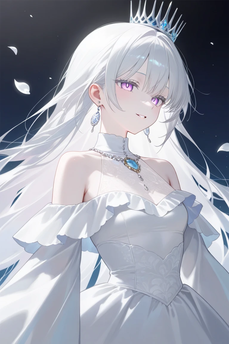 Wearing a pure white robe-décolleté dress on a moonlit night、A beautiful girl with white hair and a white veil、Violet eyes staring out at the coast with the city in the distance。