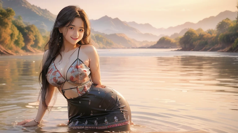 ((best quality, 8k, masterpiece :1.3)),(Practical, lifelike:1.4) indian, original photo, high resolution,sit on the floor， Beautiful woman，Have a perfect body :1.4, ((Large Breasts:1.3))，long hair，Light blue saree ，at the seaside，At the beach，Sunset，Full body photography，laughing out loud，laughing out loud，very happy，Eyes looking at camera，character-centered，Long-distance shooting，
