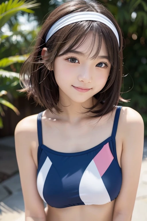 Photo quality,Masterpiece,Realistic,(14 year old cute Japanese girl:1.9),(Detailed young face:1.9),(Very embarrassed look:1.9),(Thin legs:1.9),((Wear a cute swimsuit:1.9)),(Random perspective shots),((Disheveled Hair:1.9)),(Inner thigh visible:1.9),((Droopy eyes:1.9)),((Body type of a 14 year old girl,Small Tits:1.9)),(Short bob hairstyle:1.9),((Skinny Legs)),Very pale skin,Show your forehead,Detailed body,Detailed hands,No makeup