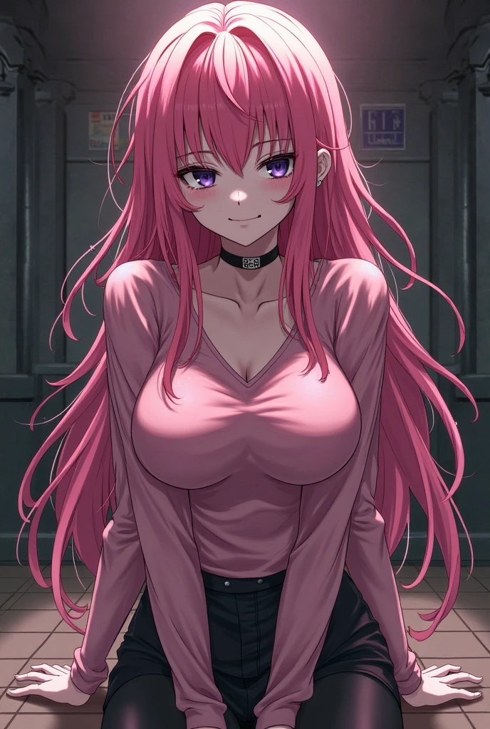 Solo, Detailed Face, Long Eyelashes, Detailed Eyes, (Straight Hair: 1.3), (Red Eye: 1.3), (Pink Hair and White Mesh: 1.2), Big cleavage, Slim, Angle from above, Inn, While changing into a white shirt, tartan check skirt, impatient