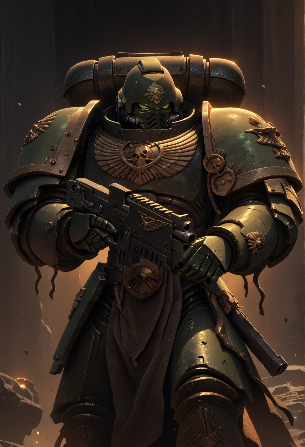 , perfect lighting, best quality, high quality, masterpiece,best quality,high resolution,8k,ultra HD, illustration,perfect face,cowboy shot,beautiful detailed eyes,extremely detailed, perfect lighting,extremely detailed CG,perfect body,perfect hands,perfect fingers, alone, pauldrons, brass bells, Adeptus Custodes, bright green armor paint, dark brown armor paint, polished bronze armor details, jet-black armor paint, holding 1 bolter gun, green paint accents, glowing warpstone green lenses,