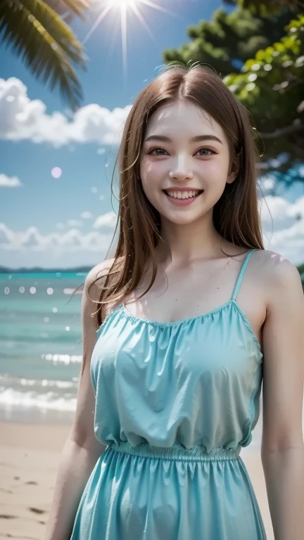 cute japanese girl Godess of Water Angel Detailed light blue beautiful hair long hair that is messy A happy smile smooth soft skin Detailed and perfect clavicle Detailed and shiny beautiful chest Magical beautiful eyes blue eyes (Standing on the surface of the clear blue spring water:1.5) Sunshine Angelの羽衣 professional lighting
