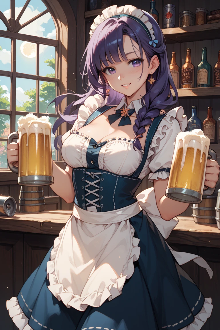 score_9, score_8_up, score_7_up, score_6_up, rating_explicit, source_anime, 1girl, breasts, smile, mug, solo, braid, large_breasts, cleavage, holding, indoors, looking_at_viewer, holding_cup, cup, beer_mug, long_hair, apron, grey_hair, collarbone, grin, frills, waist_apron, bangs, german_clothes, dirndl, corset, hair_between_eyes, wooden_floor, standing, dress, alcohol, single_braid, cowboy_shot, beer, underbust, grey_eyes, shirt, white_shirt, teeth, ceiling, hair_over_shoulder, barrel, black_dress, white_apron, sinozick style, dark theme,