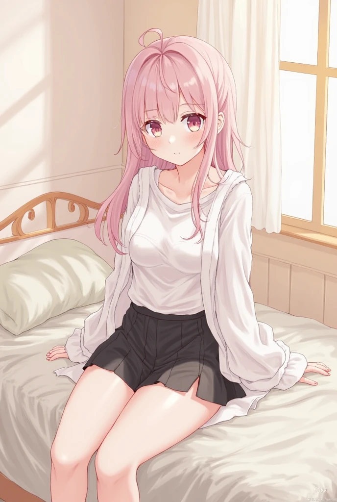 master piece、Highest image quality、highest quality、 glossy hair quality、Super detailed and beautiful bright eyes、Super detailed clear and beautiful face、((embarrassed expression))、(cute illustration:1.2), High-resolution, ultra-detailed, best quality, embarrassed, in my room, ((Her underwear is visible through the gap in her shorts))、sitting