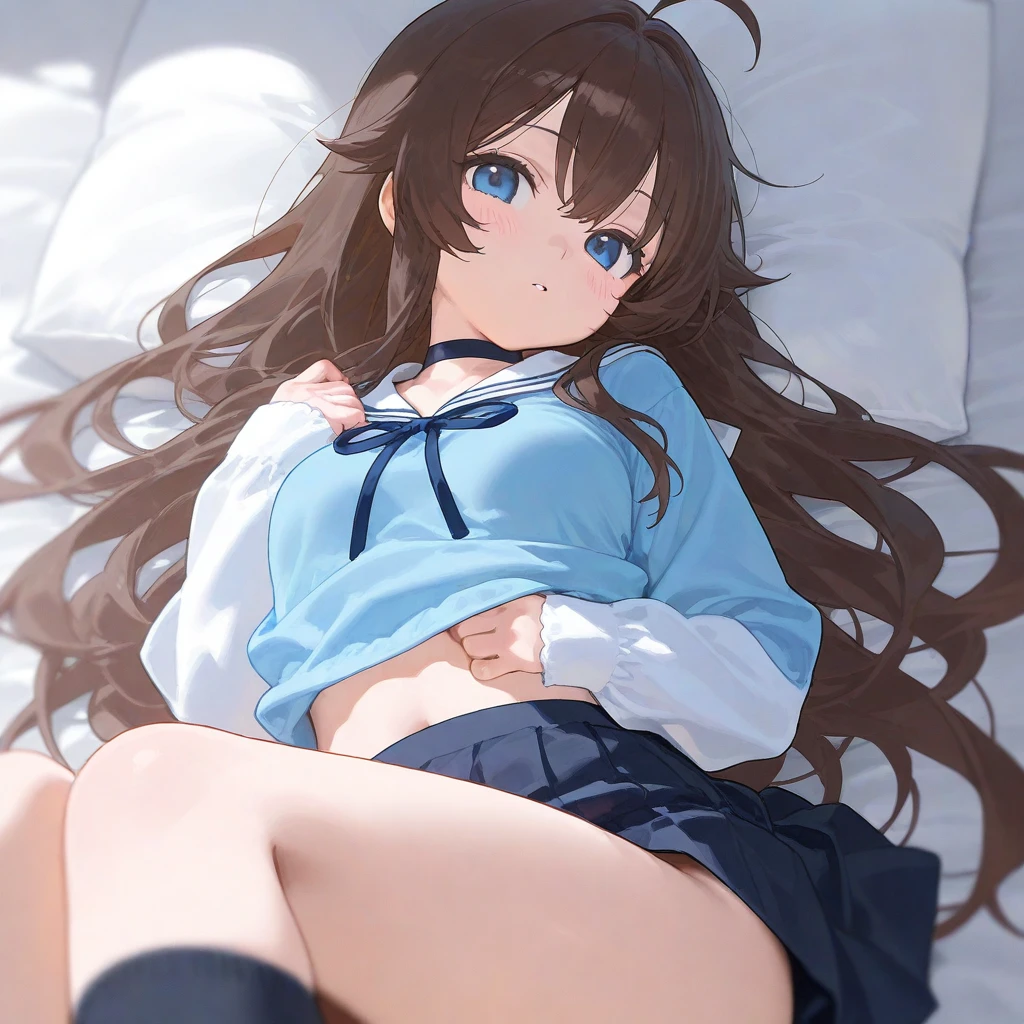 high quality, 最high quality、 Stylish design, (((The cutest girl))), ((Thin legs))、(((最high quality))), High resolution, ((detailed)), ((masterpiece)), ((Super detailed)), 14-year-old girl、Black Hair、Inner Color、((Lying on your back in bed),underwear,I can hit it),((Sexual))