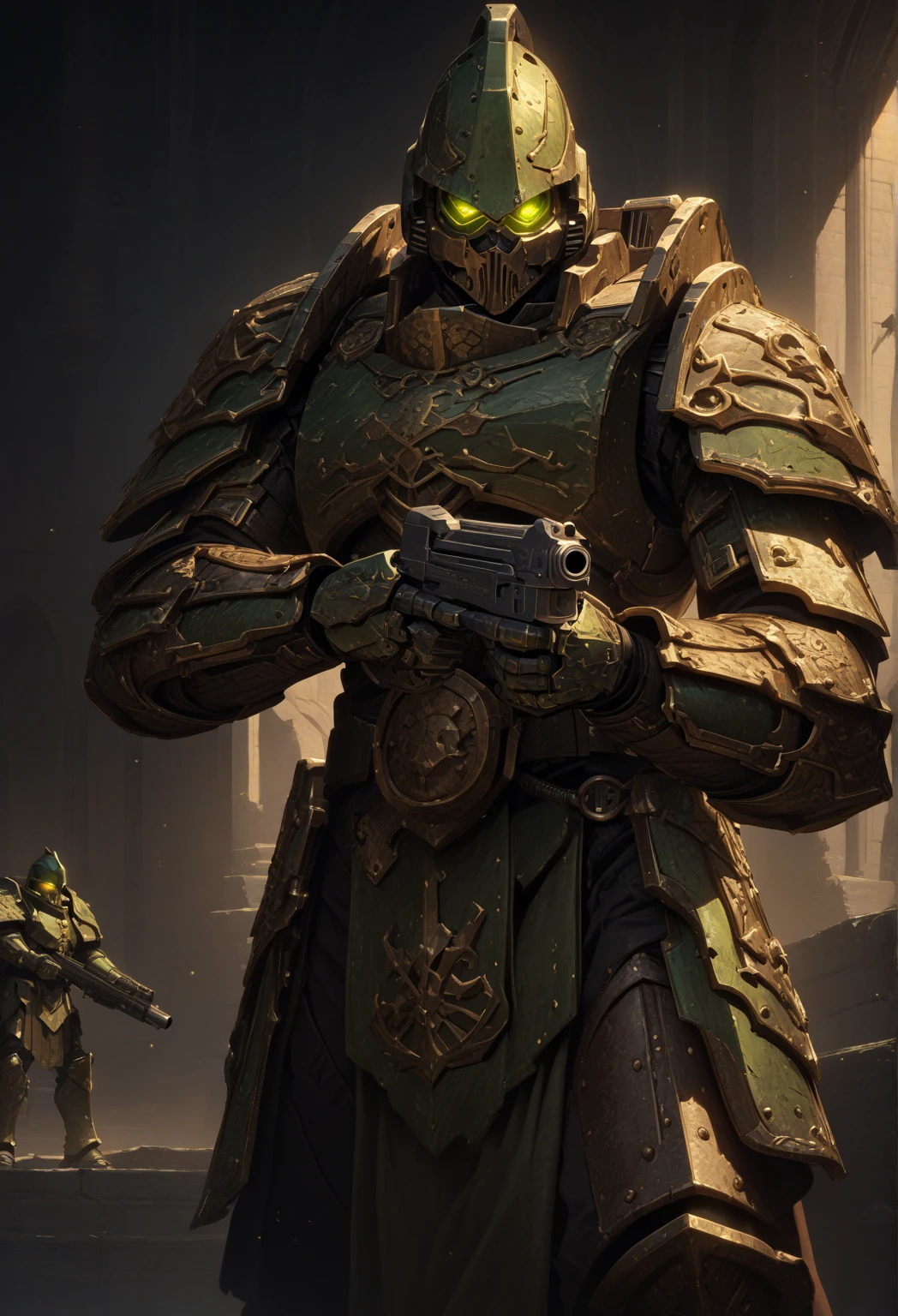 , perfect lighting, best quality, high quality, masterpiece,best quality,high resolution,8k,ultra HD, illustration,perfect face,cowboy shot,beautiful detailed eyes,extremely detailed, perfect lighting,extremely detailed CG,perfect body,perfect hands,perfect fingers, alone, pauldrons, brass bells, Adeptus Custodes, bright green armor paint, dark brown armor paint, polished bronze armor details, jet-black armor paint, holding 1 bolter gun, green paint accents, glowing warpstone green lenses,