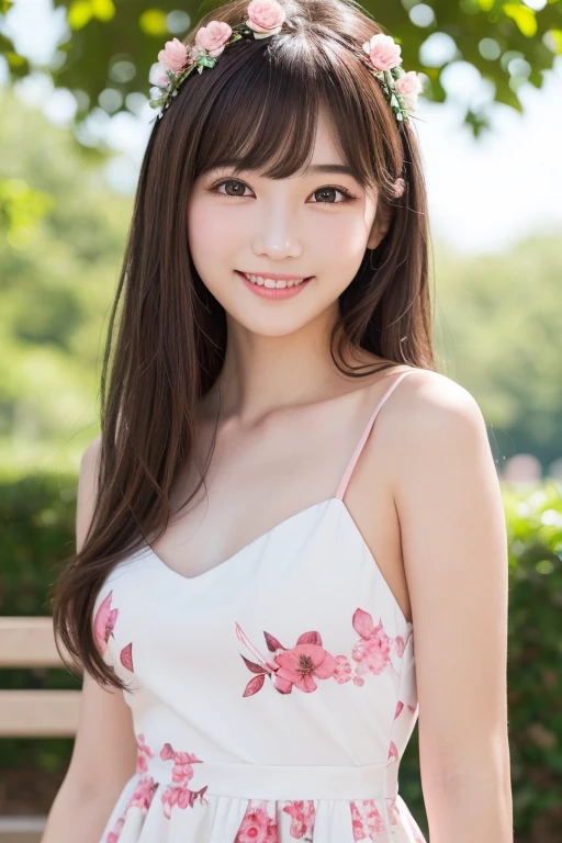 Produce the highest quality and highest resolution 8K images。The model is a 20-year-old Japanese woman.。The image depicts a person smiling at the camera and taking a commemorative photo at a tourist spot.。Draw the upper body of the model。She has brown eyes and a model figure.、She has an idol-level cute face.。The hair is in a ponytail。Skin has a healthy color。Clothes、She is wearing a cute dress.。