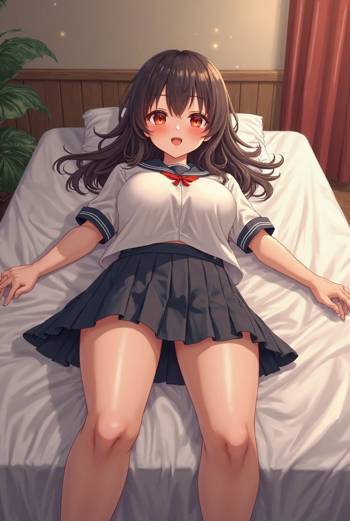 (masterpiece, best quality, absurdres, soft colors), 1girl, 1boy, laying down, spread legs, sex, (pregnant:1.1), flat chest, vaginal, cum, laying on bed, pov sex, bottomless, school uniform shirt, natural light,