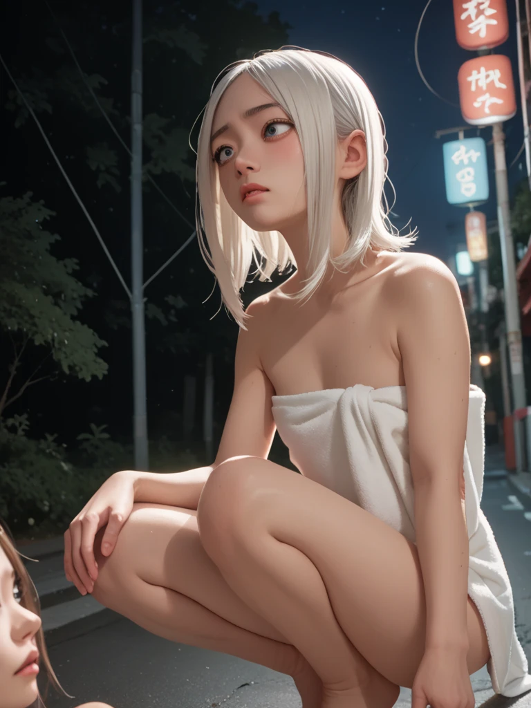 Top image quality、NSFW、shopping street、Stand out on a chair、Facing to the side、Two nude models、zori、The morning sun shines in the light、fullnude、barechested、strong breeze、barechested、14years、fullnude、Luxurious hair ornament with feathers、2.Five-dimensional girl、8Head and body、A slender、Unusual look、Very skinny、Luxury、skinny、Ribs、A-cup breasts、discreet breasts、Smaller chest、small tits、beauty legs、Constricted waist、dented belly、Beautiful silver hair、collage、Toe to toe,Knitted sandals、Backgrounds that look like real photos、anklets、Many people in the background、Spread your legs apart