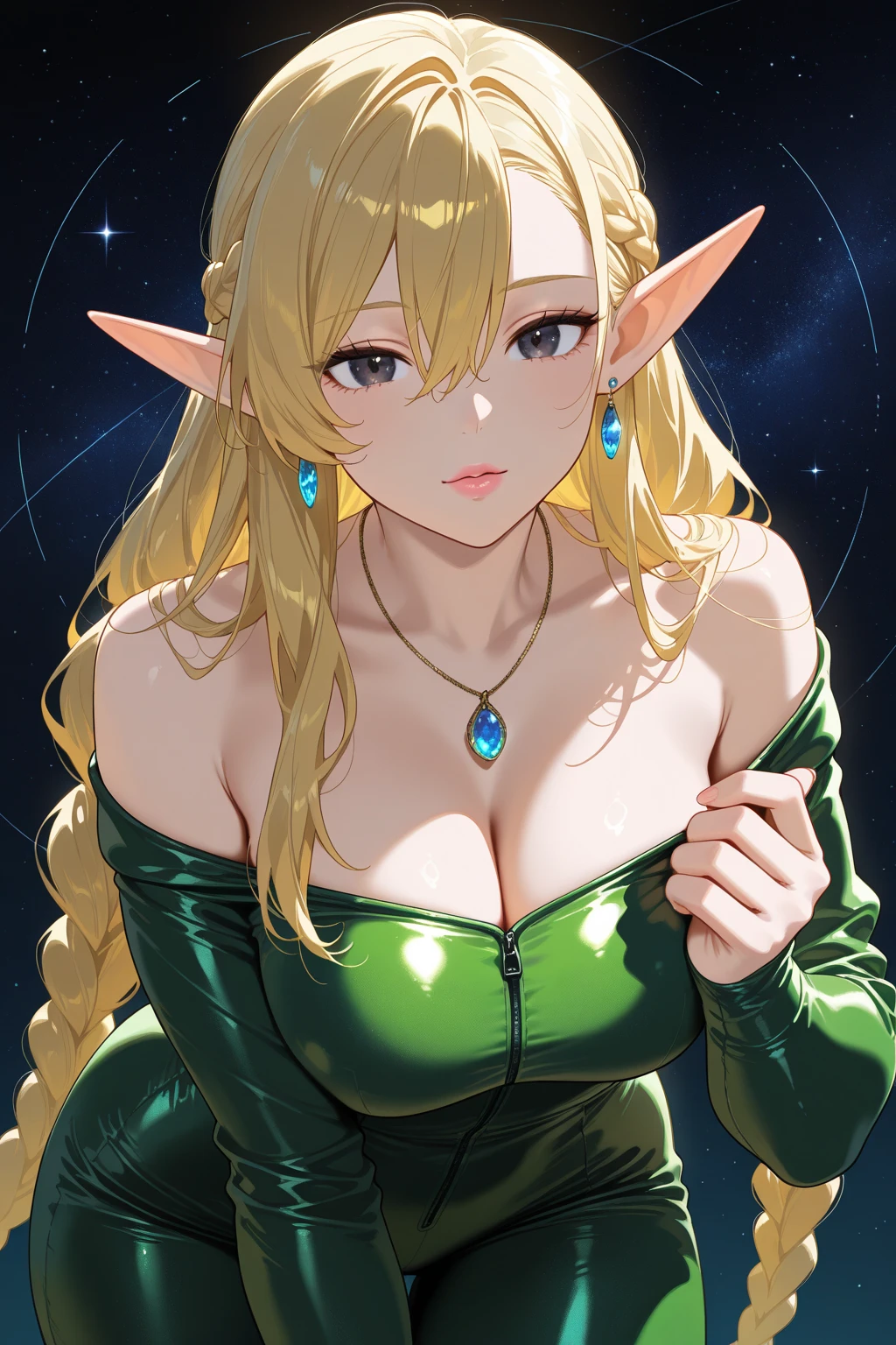 high resolution:1.7, incredibly absurdres, kawaii:1, cute:1.5, hires.fix, anime visual:1, incredibly fine illustration,8k,masterpiece:1.2,best quality, high quality, exquisite, beautiful, insanely detailed, intricate detailed, extremely detailed, Super Definition, ultra high res, Super Resolution, best aesthetic, ultra detailed:1.5, best quality, perfect face, detailed face,illustration:1.2, 8k cg wallpaper, stunning art,absurdres,octane render,ultra hires, Japanese Actress,(Idol),18yo,Beautiful,(Cute and lovely),cute girl,((anime elf with extremely cute and beautiful blonde hair)),((((blonde single braid,colored inner hair,ear breathing)))),(((green_eyes:1.3))),intricate eyes,beautiful detailed eyes,symmetrical eyes,big eyes:1.5,enchanting bright eyes studded with gold and silver dust,(((pinky and glowing_skin,shiny body,plastic glitter skin,exaggerated shiny skin,illuminated skin))),upward breasts,waist slender,(detailed body,(detailed face)),daring,zettai ryouiki,show skin,best relationship with four fingers and one thumb,Very Fine Face and Eyes,Very Fine Hair,(Perfect Anatomy),Garter Belt,Bare shoulders,Check out our thru-rack chokers and midi rings with chains,beautiful face,seductive young girl,female focus,full body,(perfect body),cool,Her face is extremely detailed and expressive.kawaii,the girl exudes confidence and elegance,Her pose and expression convey a sense of empowerment and strength.She has long eyelashes that add to her captivating appearance,The girl's hair is styled in a sleek and sophisticated,highly detailed face and hair,pale eyes,a well-defined nose,faint lips,seductive and confident smile,standing,fighting stance,battle,fight,(action pose:1.4),fist in hand,fist bump,open mouth,pointy breasts,a girl wearing a Pink cyber suit with micro skirt, gold accents,holding hair gold ornament.side-tie panties,garter belt,purple Stockings,bare shoulders,Torn clothes,expensive,midriff peek,allure pose,(tentacle pit),red tentacle,black Choker with chains