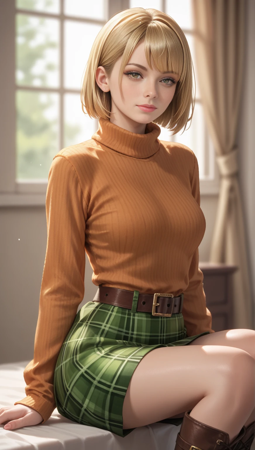 20 year old woman short blonde hair tender face blushing orange woolen sweater short plaid skirt 