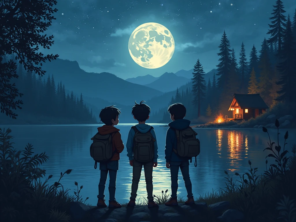 two children sitting on a log and looking at the moon, calm night. digital illustration art, background illustration, Moonlit starry sky, Cozy night fireflies, The cover of the novel for the book, blue fireflies, official illustration, childrens art in artstation, official fan art, watching the stars, Looking at the Moon, Fireflies, fireflies around, twilight ; Digital Painting