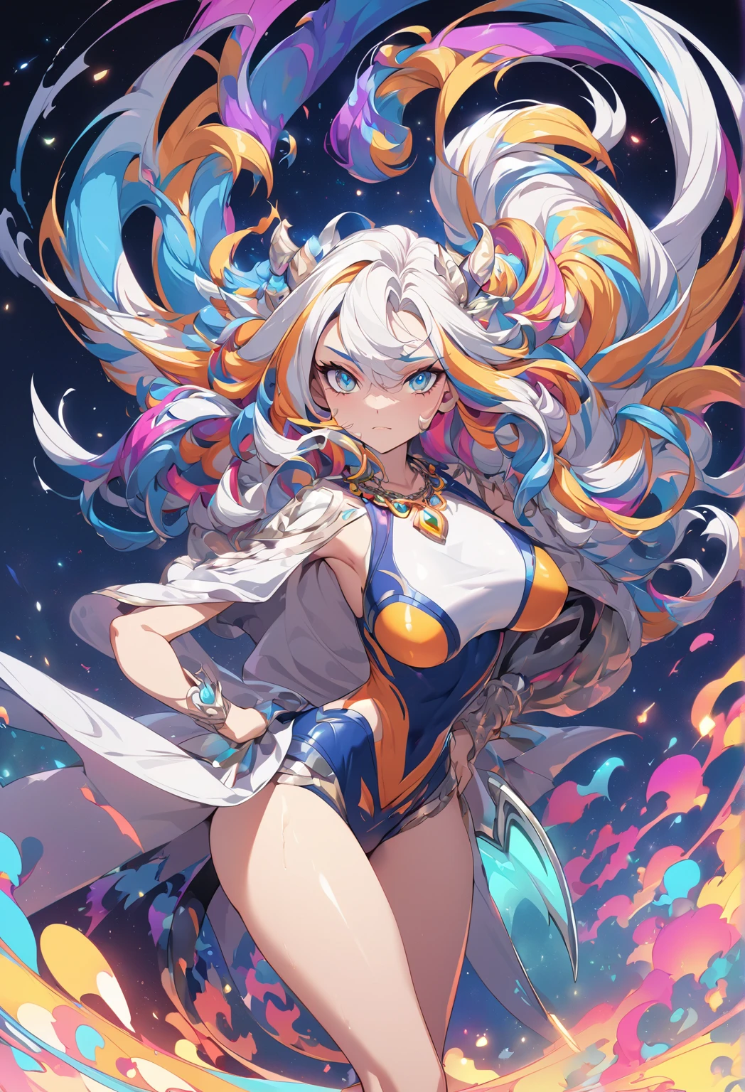 ((Masterpiece)), best quality, absurderes, ultra detailed, 8k, dynamic pose, super complex details, intricate details, holographic, cowboy shot, golden ratio, super cute girl, neon aura, delicate and beautiful face, mature girl, super beautiful asian girl with super beautiful glowing eyes, super beautiful glowing multicolored hair, nice and sexy body, slim body, perfect body, wearing magical lingerie, celestial hair ornament, in a marshmallow world