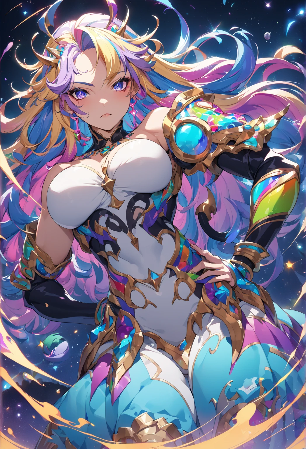 ((Masterpiece)), best quality, absurderes, ultra detailed, 8k, dynamic pose, super complex details, intricate details, holographic, cowboy shot, golden ratio, super cute girl, neon aura, delicate and beautiful face, cosmic cheerleader, mature girl, super beautiful asian girl with super beautiful glowing eyes, super beautiful glowing multicolored hair, nice and sexy body, slim body, perfect body, wearing a super sexy cosmic cheerleader outfit, holding neon pom poms, in the center of the galaxy