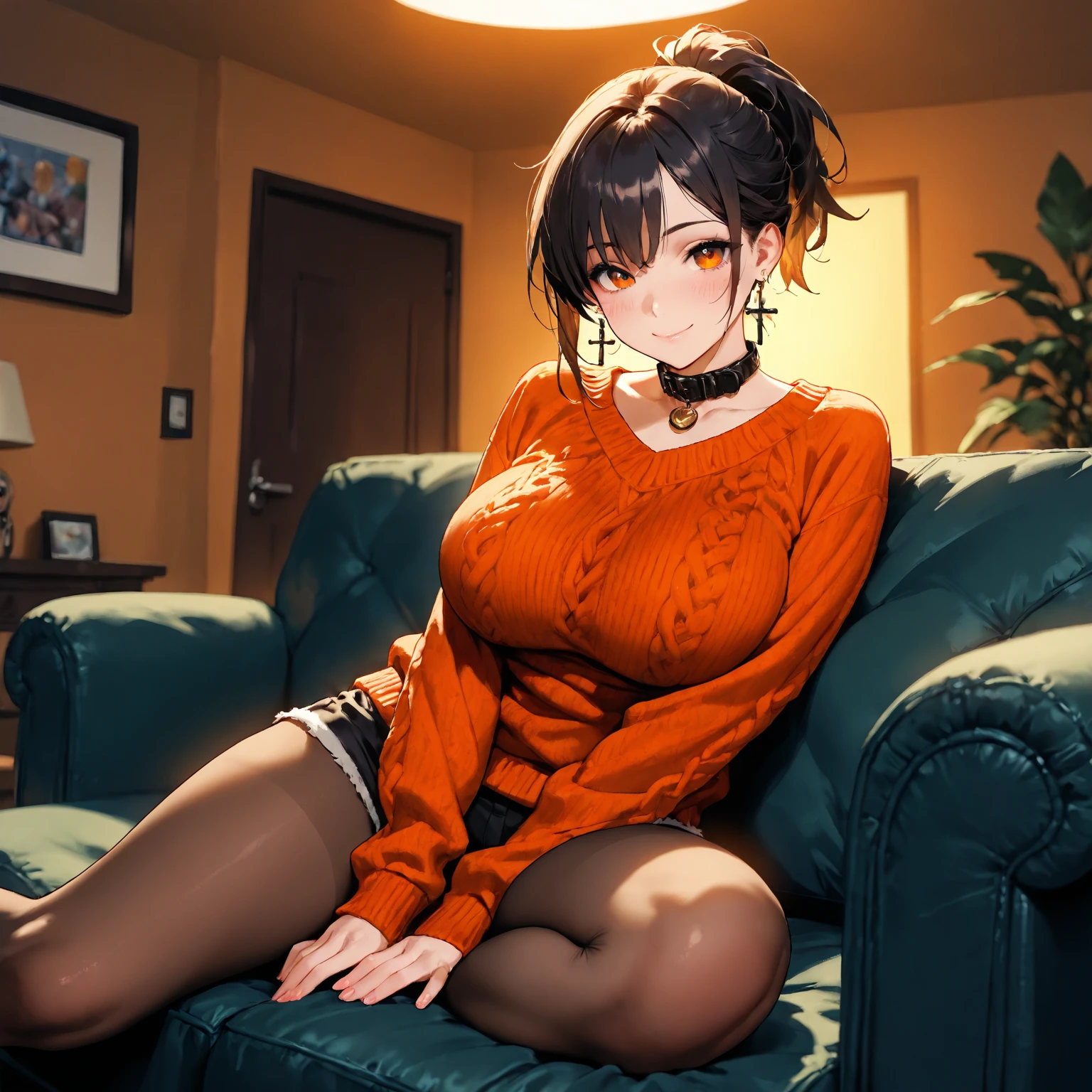 an anime girl with black hair, yellow jacket and white stockings sitting on a couch, 1girl, breasts, solo, sitting, cleavage, jacket, looking at viewer, hood, black hair, yellow eyes, hair bun, double bun, plant, indoors, long sleeves, large breasts, thighs, black jacket, hood down, hooded jacket, collarbone, bangs, sidelocks , (best quality, masterpiece, ultra-detailed, illustration1.2),(8K wallpaper),(beautiful detailed eyes1.2), beautiful, amazing, detailed eyes, (detailed skin)