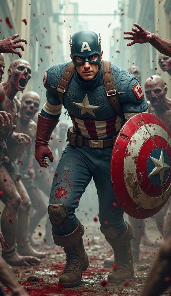 Captain America killing several zombies with the shotgun