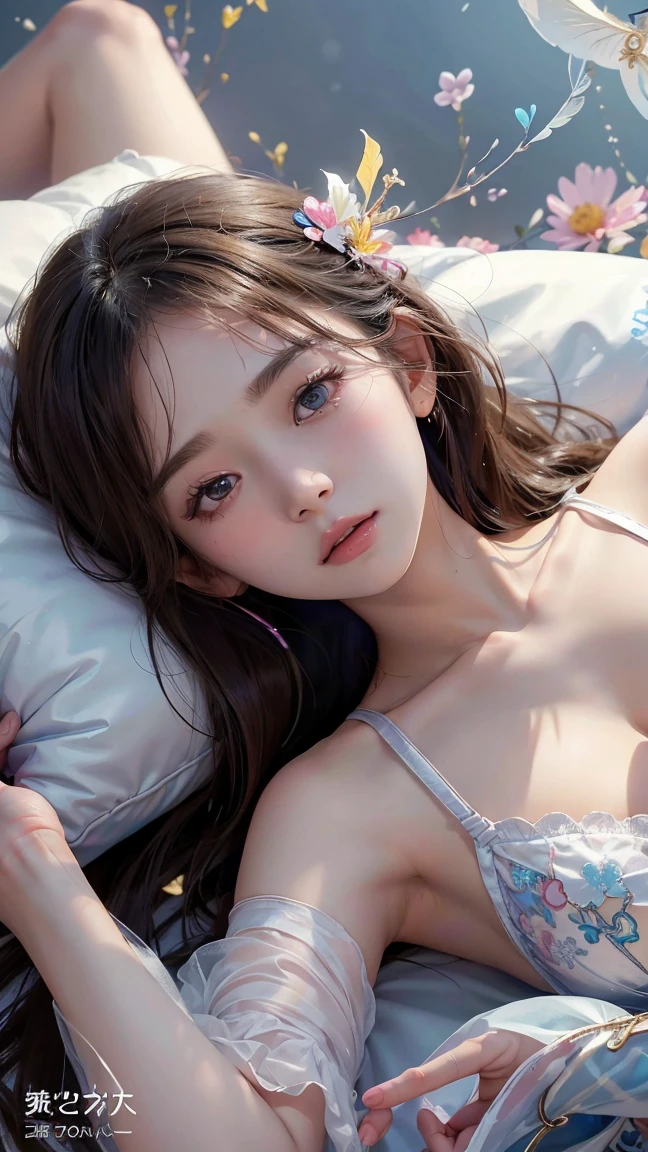 Long hair, head wreath, pupils sparkling, Crystal earrings, angelic halo, see through clothes, Tulle clothes, Lie on the bed with your butt facing up, sensual lingerie, Raised sexy, Angelic face, ssmile, Butt to the camera, Ancient wind, Ancient beauty, Realism, Verism, Depth of field, Cinematic lighting, Ray tracing, god light, Wide-angle, Lens flare, Wide shot, hyper HD, retinas, Masterpiece, ccurate, Textured skin, High details, Super detail, Award-Awarded, Best quality, A high resolution, High quality, 16k