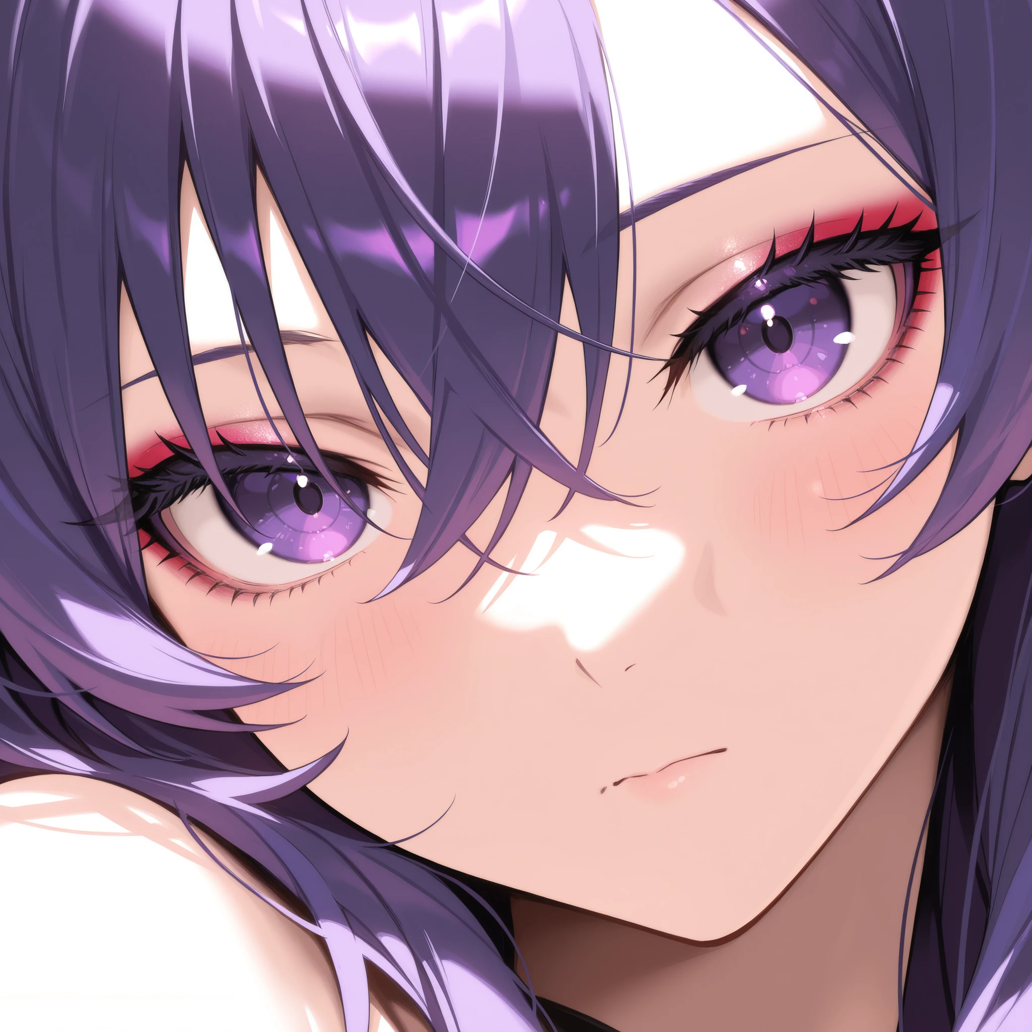 <lora:Hyung-Tae kim style XL v2.0:1.25> a woman, chromatic aberration, face closeup, multicolored eyes, glossy lips, egirl, high definition photo, ultra detailed skin, ultra detailed face, small skin imperfections, 1girl, Straight hair, small boobs, flat chest, Stocky body, purple eyes, Navy blue hair