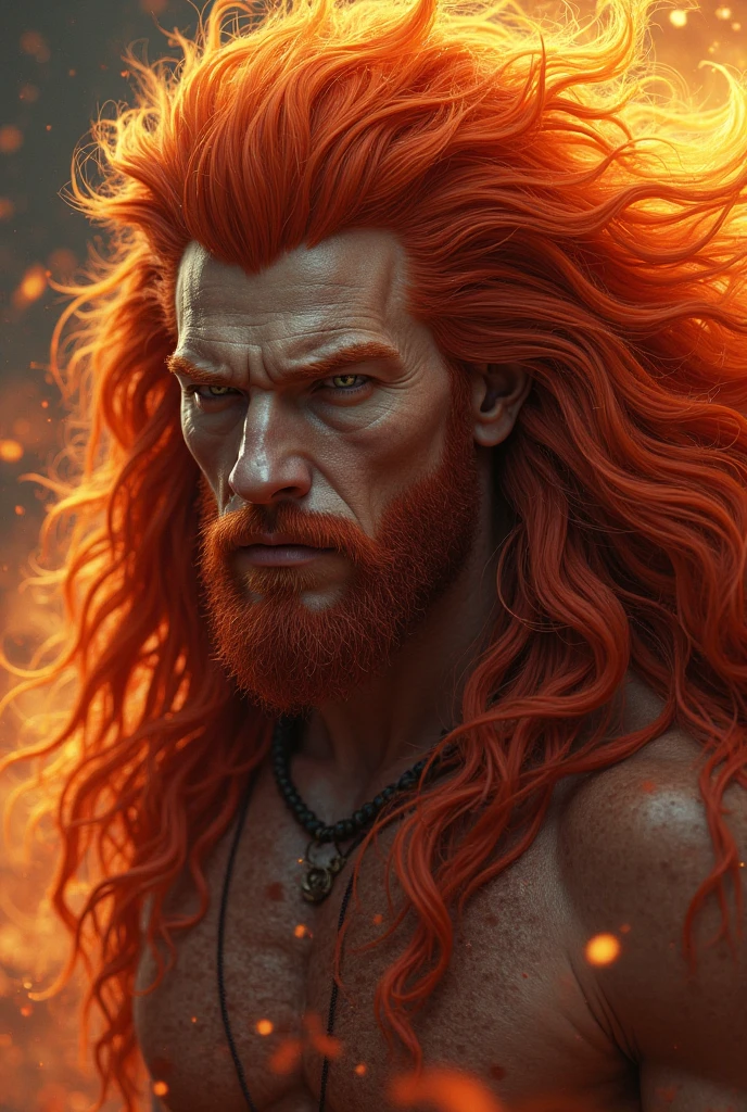 ((Very Detailed))God Thor, strong and tall man, red hair, flame in his eyes, white linen clothes, giant white hammer with golden lines on his shoulders 