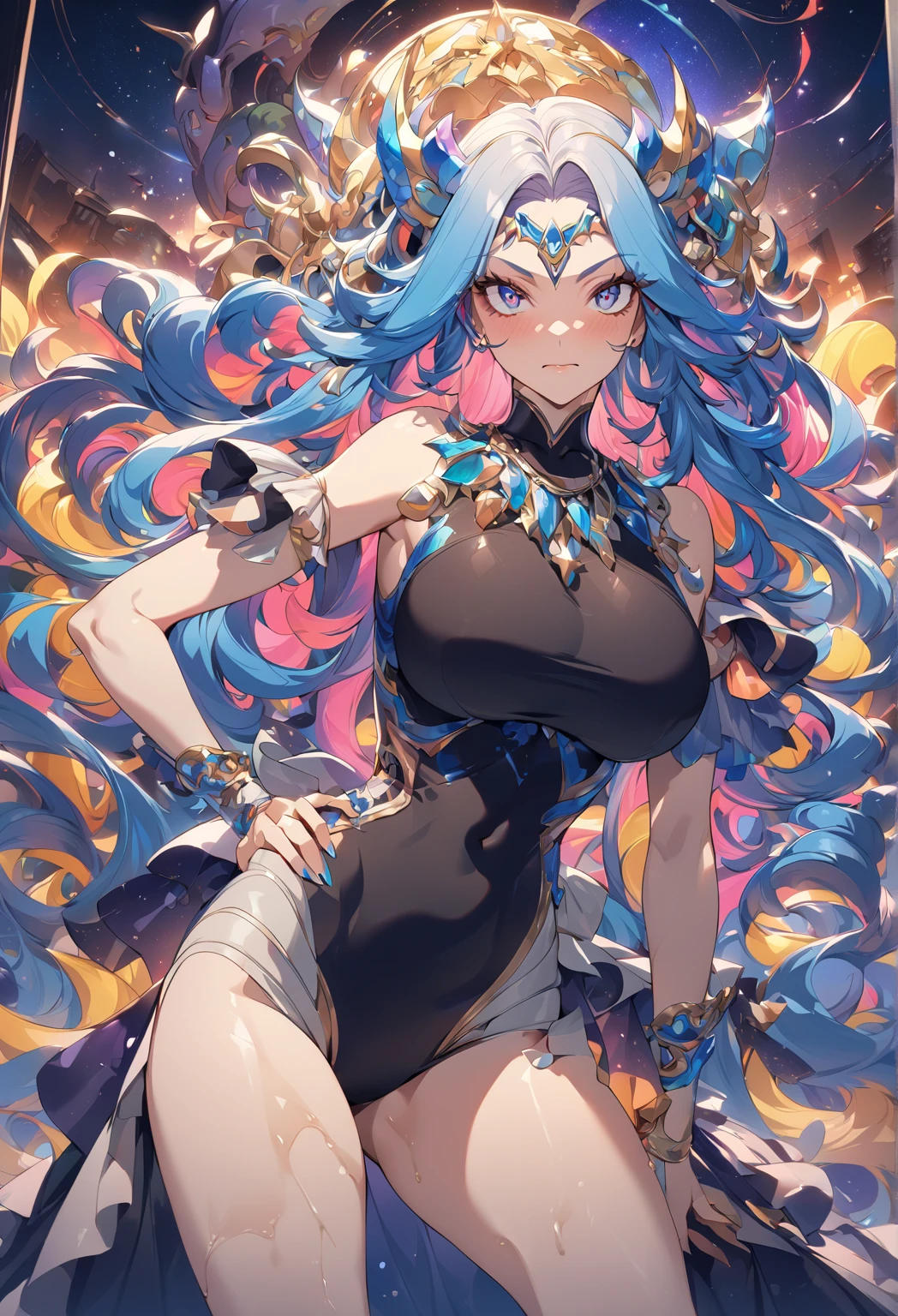 (((Insanely detailed))),((masterpiece、maximum quality、Watercolor art(Pendants)、offical art、Beautiful and aesthetic:1.2))、(the golden ratio:1.2)、(Full body:1.2)、(Ultra-detail:1.3)、(1girls:1.3)、(Fractal Art:1.3)、Full body、((Glitter pupils))、patterns、((Iridescent hair、Colorful hair、Half light blue and half pink hair:1.2))、Colorful、writing、(Heterochromia)、(Colorful:1.5)、((Swimwear))、((Shy face))、((Seashell Bikini))、(Standing)、(hyper detailed), ((Delicate details)), (intricate detail), ((Cinematic light, best quality Backlights)), High Contrast, ((Best lighting, anextremelydelicateandbeautiful)), ((Cinematic light))、(Ray-traced reflections、sparkles)、((Shining aura))、((Shiny hair))、((super-detail))、((8K))、((Write))、Delicate beautiful face and eyes,Focus on the face, Deep sea background,masterpiece,Detailed splashes, Beautiful detail water、Feeling of shock、(Real:0.5)、Original 2 High Saturation、(Surrounded by colorful splashes and dots)、colorful bubble、Glasses、((mermaid))、((Holding a large pearl with both hands))、(Pearl Necklace)