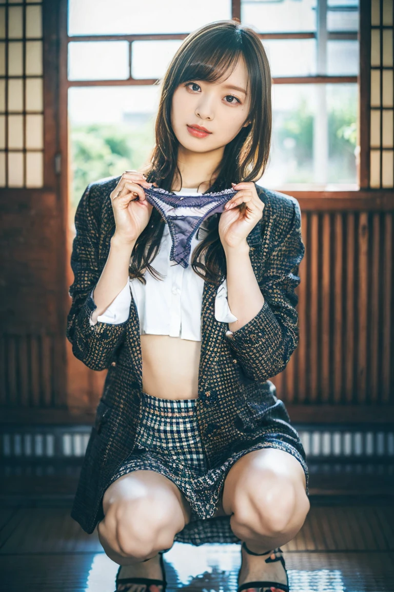 Browsing Caution:0.8、Blunt Bangster Piece Hairstyle、Highest quality、In 8K、32K、masterpiece、Hmph、Ultra-high resolution、Impressionism、Realistic:1.2)、Cowboy Shot、Sharp focus、Detailed face and eyes、Beautiful Face、Blurred Background、blue sky、Glowing Skin、Sharp pupils、Realistic student、Beautiful Face、Blurred Background、18 year old beautiful girl、Glowing Skin、、(((Beautiful brown hair)))、iris、(Long sleeve sailor suit、Dark blue pleated skirt)、(Roll up your skirt、White panties are visible:1.45)、Thighs Thighs Thighs Thighs、curve、Dynamic pose、Powerful composition、((Laughter))、sweating、((Pink Hair))、((Lace Sexy Panties))、Source Sequence、Low Nose、(Small Mouth)、((tie))、(((Detailed panties)))、Black Panties、