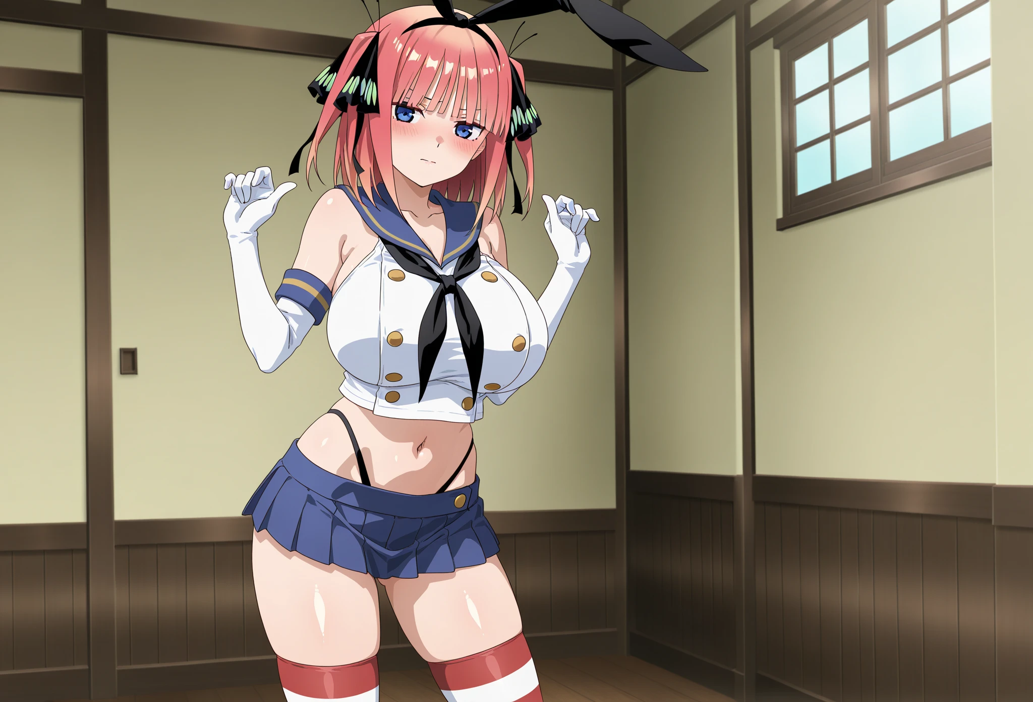 ((masutepiece, Best Quality, hight resolution, nffsw, Perfect Pixel, depth of fields, 4K, )), 1girl in, Solo, , Beautiful anime girl, Beautiful Art Style, close up, Looking at Viewer, Perfect body, Yuigahama Yui, Short hair, single hair bun, pink hair, (large boob), Full face blush, Smile, thighs thighs thighs thighs, navy playboy bunny, white elbow length gloves, white background, hands on hips, bent over, cowboy shot, Focus,