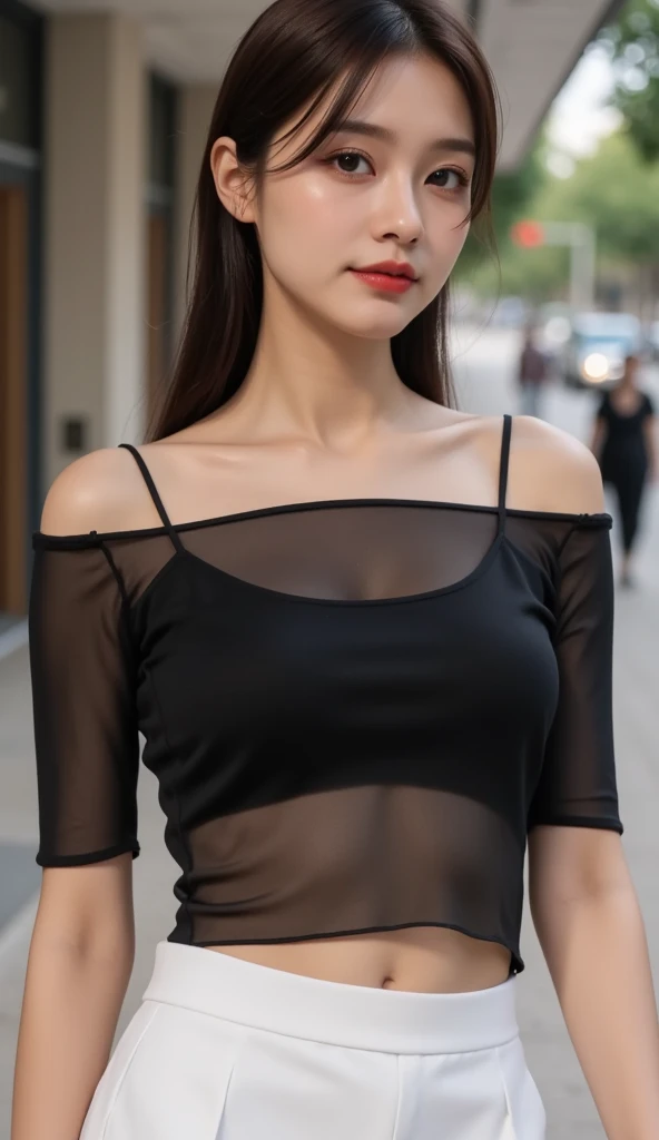 young woman、cute、(Bob Hair、Brown Hair、Outward-swept hairstyle),(Wearing a black see-through T-shirt:1.6),(Black Bra),(Wearing a dress、Black dress、Long dress:1.3)、Black sandalid-chest、slender
