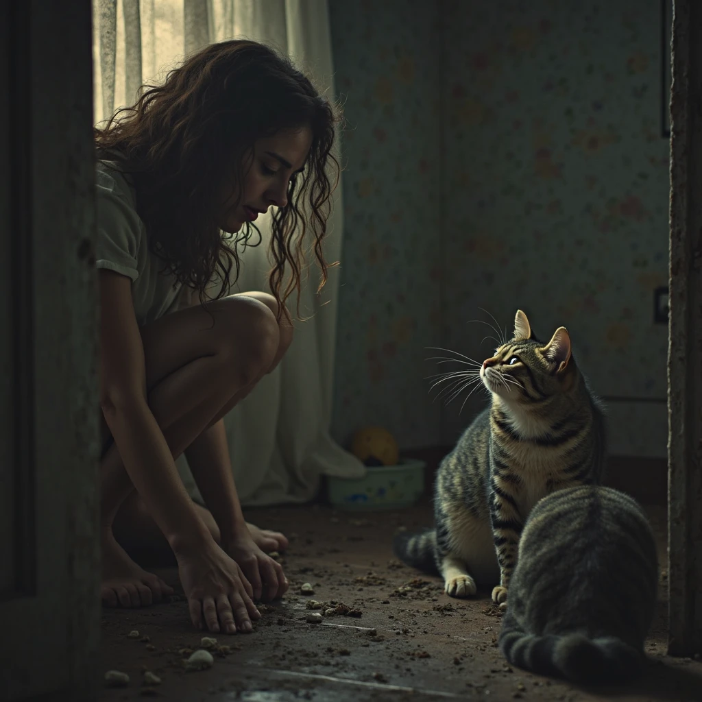 Alice in Wonderland sitting barefoot on the dirty floor of a psychiatric hospital crying with dark circles under her eyes holding a cigarette with a cat by her side