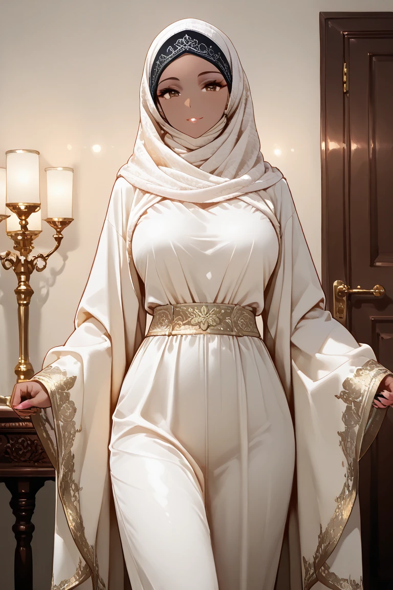 (masterpiece:1.4, best quality), (intricate details), unity 8k wallpaper, ultra detailed, beautiful and aesthetic, perfect lighting, (1girl), (hijab, long thick jubba thobbe),, dynamic pose, dynamic angle, lipstick, slim, slim body, medium breasts, covered clothes , glasses, detailed background, realistic, solo, perfect detailed face, detailed eyes, highly detailed, blush, rolling_eyes, cross-eyed, arm behind back
