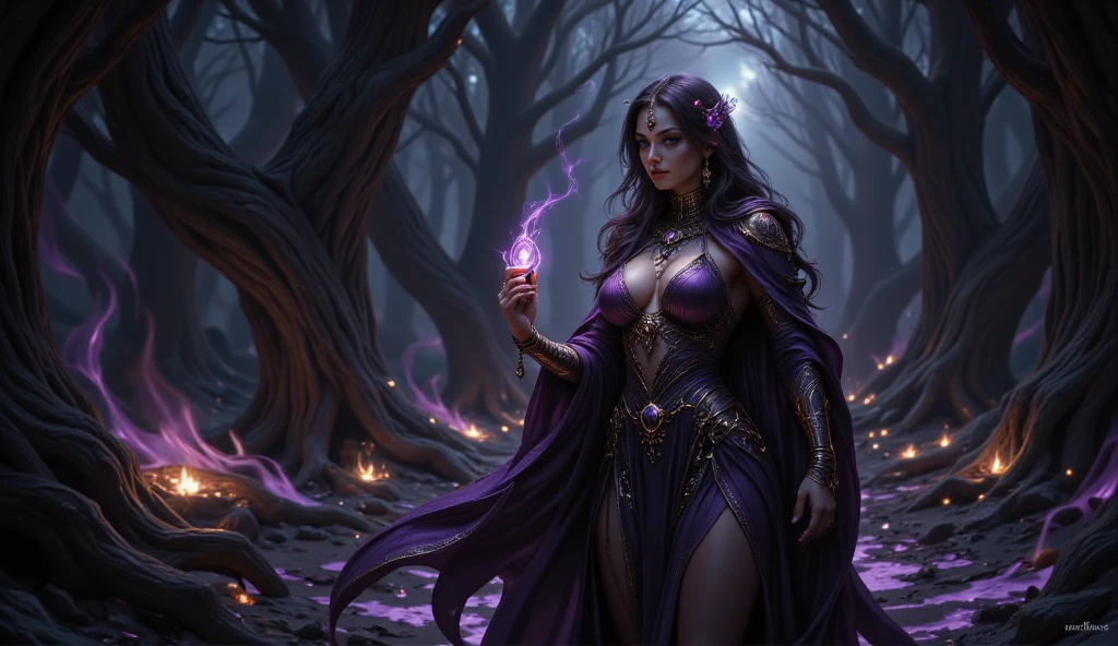 A beautiful and alluring tiefling druid with horns and a crescent in her hand, standing in a cosmic and mystical abyss, bathed in realistic and captivating lighting, masterfully rendered in the highest 8k quality, with extreme attention to detail, as a stunning digital art illustration by the renowned artists PeterMohrBacher and Artgerm.