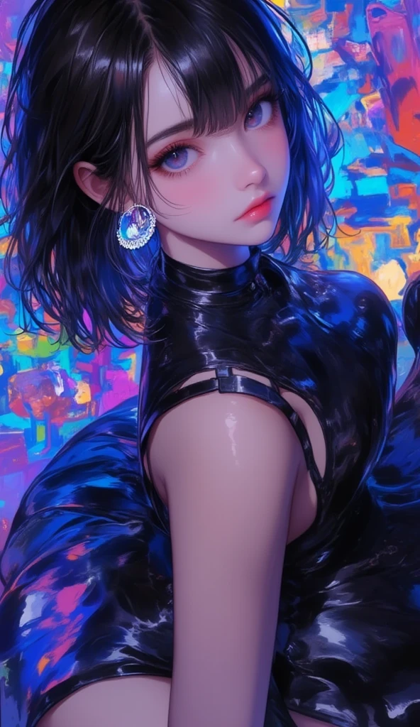 multiple exposure, raw photo:1.2, masterpiece, highest quality, 16k, unbelievably absurd, very detailed, perfect beauty, (photorealistic style), (sheer negligee), beautiful cute girl, jet black bob cut, drooping eyes, professional lighting, vibrant colors, illustration portrait,