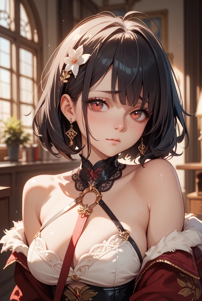 masterpiece, top quality, super detailed, high resolution, (ink painting style), excellent anatomy, beautiful 1 woman, face focus, portraiture, glowing black eyes, feminine style, asymmetrical bangs, bangs, black hair, good, looking at the camera, smile, night, city, bob hair, abdomen, red lips, shirt, alone, standing, upper body, underwear, pink underwear, perfect body line, beautiful waist, beautiful, mischievous face, best light, best shadow, mysterious, perfect face, highly detailed,