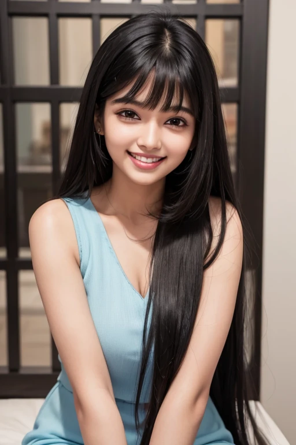 (8k,RAW photo,highest quality,masterpiece:1.2),(long black hair,dull bangs),indian female 22 years old,beautiful face,(grin and laugh:1.2),(business women&#39;s clothing,(black jacket:1.1),(white shirt:1.5),(Button closes),((transparent bra)),(black wrap skirt:1.1)),((huge breasts:2.0)),(thin waist),Are standing,In the living room,during the day