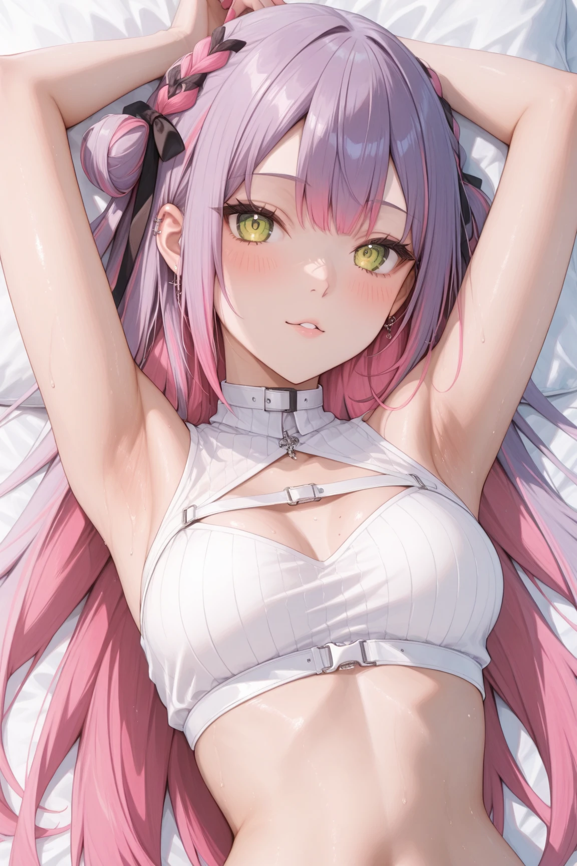Woman with long black and pink hair and light purple eyes.Sexy white lingerie...... Slim profile, Fair-skinned, large boobs,. He blushed slightly............Look with displeasure........