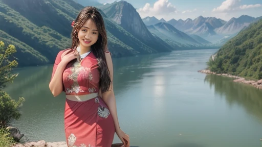 (((a girl alone:1.4))),((full-body, cinematic-shot)),(best quality,4k,8k,highres,masterpiece:1.2),ultra-detailed,(realistic,photorealistic,photo-realistic:1.37),(beautiful and aesthetic:1.2),vibrant colors,(film grain:1.3).

(((1girl))),(((solo))),(18years-old),[Clotilde-Fatimah-Carmelita],(sharp focus:1.5),pearl skin,(skin pores:1.1),extremely detailed face and skin texture,(skin texture:1.1),black hair,tall and slender body,(192cm tall),thin and delicate figure,graceful posture,flawless skin,defined abs,perfect curves,feminine appearance,beautiful long legs,embodying elegance and beauty,(cleavage breasts,large breasts:1.4),((wearing a (red:1.4) (ultra-short:1.4) batik minidress:1.4)),extremely detailed and realistic (red) clothes.

[This is a scene of beautiful morning scenery in a village at the foot of a mountain. The village is located amidst mountains and lush natural surroundings. This image will be displayed in ultra-high detail, with realistic effects and exciting colors. In this image we can see the charming charm of the village, the tranquility and beauty of the mountains, and the natural light that shines all around. The mountains on the screen show the magnificence and beauty of the mountains. The mountains are so tall and majestic, exuding an atmosphere of tranquility and grandeur. The green grass between the mountains adds vitality and vitality to this place. The early morning mist gently covers the mountains, giving people a mysterious and charming feeling. Around the village we can see lush natural scenery. Lush meadows, flowing creeks and rustling leaves mingle with the sounds of nature. The singing of birds sounded softly, which was soothing. In this tranquil environment we can enjoy the fresh air and cool mornings.].

Angelic ethereal beauty,studio photography,professional photography.