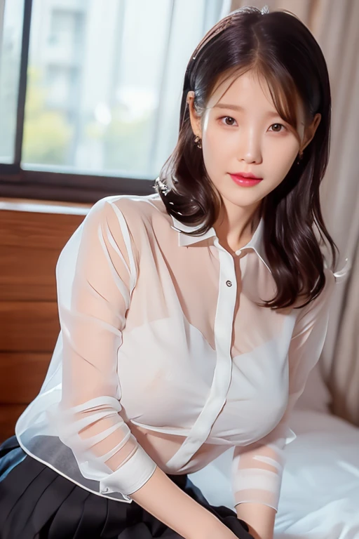 (8K, HDR, High resolution), ((((Raw photo, Hyperrealism, masterpiece, highest quality, ultra High resolution)))), (Pin Light, Backlight,Cinematic Light), ((White long sleeve blouse,Navy Pleated Skirt,A body-hugging blouse,mini skirt,Shooting from a bottom angle,White panties are visible,Camel Toe)),Sharp focus:1.4, (Hyper Detail, finely), 1 Korean Idol, A provocative smile,Archaic Smile,Small, plump lips, Straight and cute nose, A little redness on the cheekbones,Long and beautiful eyelashes, Narrow waist,Perfect Style,Very heavy chest,Shapely breasts,Beautiful breasts,Huge breasts