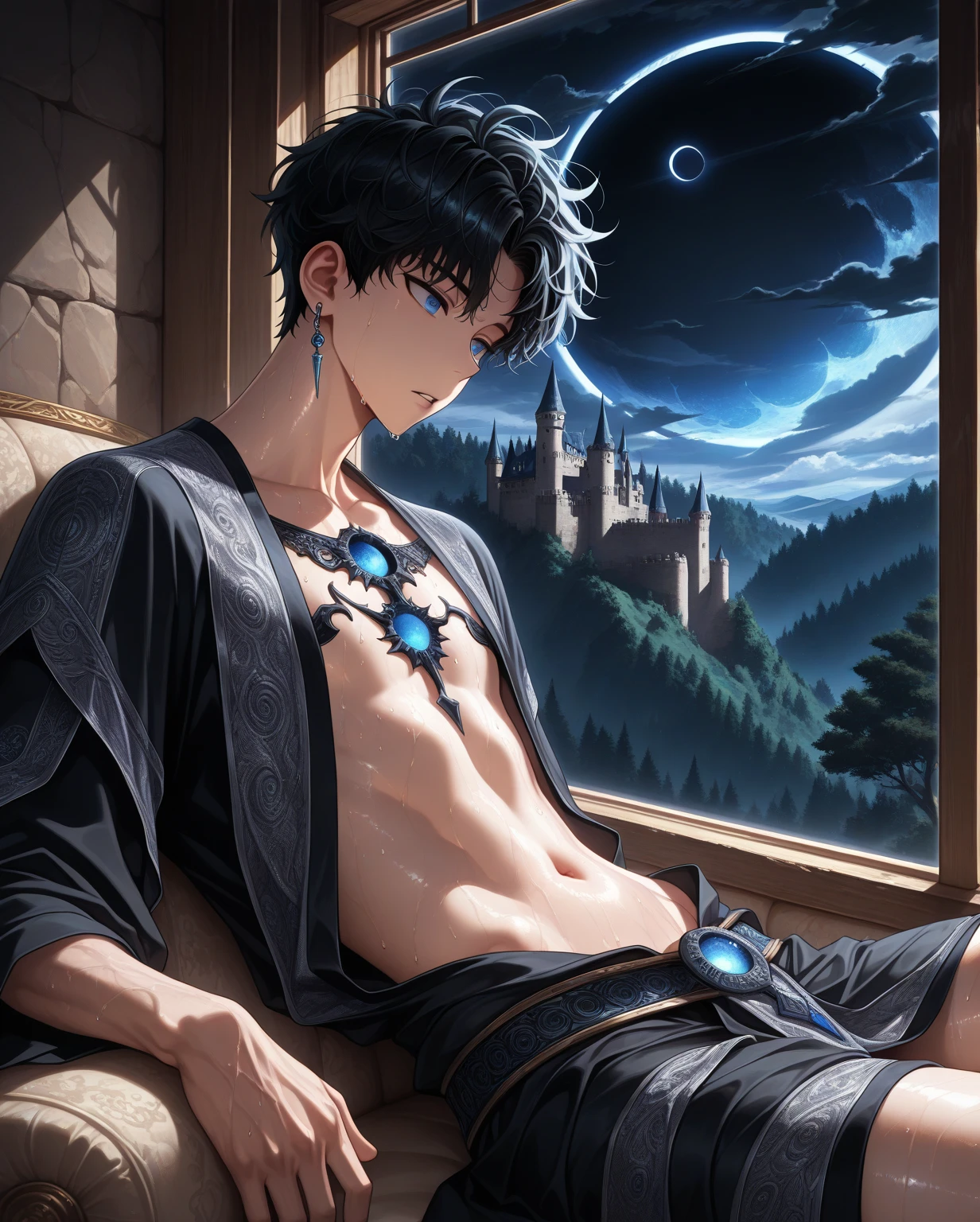 absurdres, highres, ultra detailed, HDR, master piece, best quality, extremely detailed, Yoo Joonghyuk, black hair, expressive gray eyes, Omniscient Reader's Viewpoint, solo, sexy man lying on a bed, handsome, bare chest, toned chest, black pants, fantasy, sparkling, blue glittering fireflies, blue moon, blue blossoms, blue chrysanthemums, blue sparkling lights, magical, bed, room
