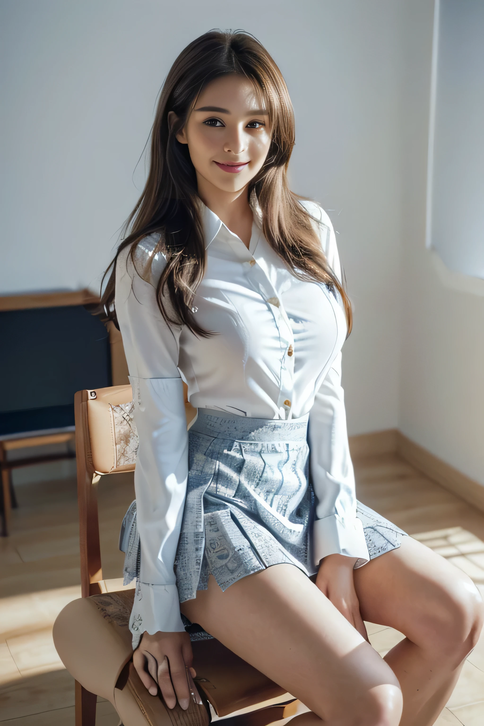 22 year old white female、Hair color is brunette、blue eyes、long hair、The ends of the hair are wavy、setting hair、accessories on wrist、wearing a necklace、has earrings、skin is smooth、Slender but muscular body、smile、wearing a tie front shirt、wearing skinny jeans、smile、Squatting、He has his sunglasses tucked in the front of his shirt.