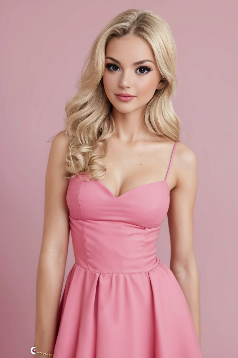 Portrait of (ohwx woman) <lora:SelenaGomez-000007:1> as Barbie, pink dress