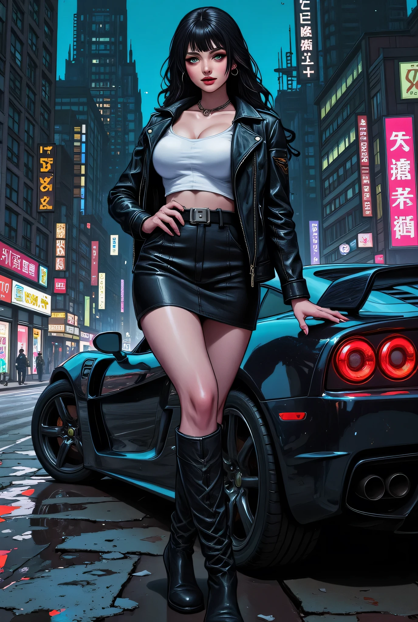 Highest image quality,Outstanding details,超高分辨率,The police of the future,Mecha pie,She wears a futuristic SWAT uniform,She stood in front of the police car,Very sexy,nedium breasts,cleavage,brassier,underdressing,pantiess,Robust body,Sexy and robust,Detailed abs,Detailed muscle lines,dynamicposes,the night,Future city street view background,neonlight,sense of science and technology,future-tech,Very detailed cyberpunk style,cyber punk perssonage,Highly detailed police uniforms,Highly detailed police cap,Highly detailed police force,Highly detailed police badge,Highly detailed armbands,Highly detailed police strips,Highly detailed epaulettes,wear police cap,Highly detailed electric batons,Highly detailed guns,The gun of the future,intercom,Wireless devices,Highly detailed handcuffs,Highly detailed police equipment,Highly detailed police car,Future police car,frontage,Full body photo,Look from the bottom up,look from down, looki at viewer,Normal limbs,Harmonious body proportions,Normal fingers,Normal face,Normal eyes,Normal facial features
